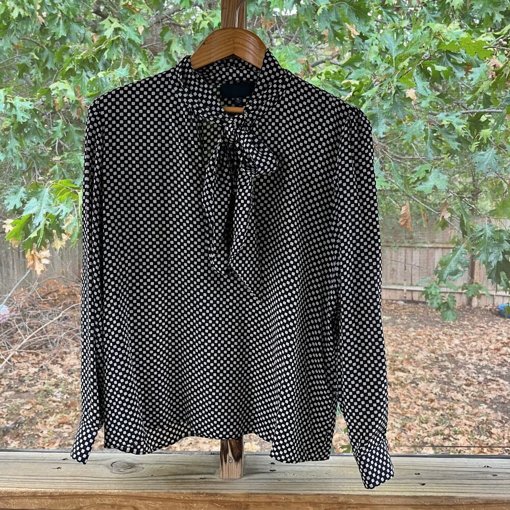 Nili Lotan Elayne Top Black & White Dot Tie Neck Secretary Blouse Size XL